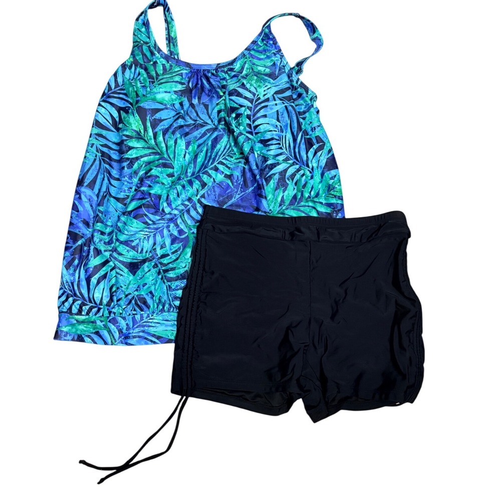 Tropical Palm Leaf Blouson Tankini Set Blue Green Ruched Swim Shorts Womens M
